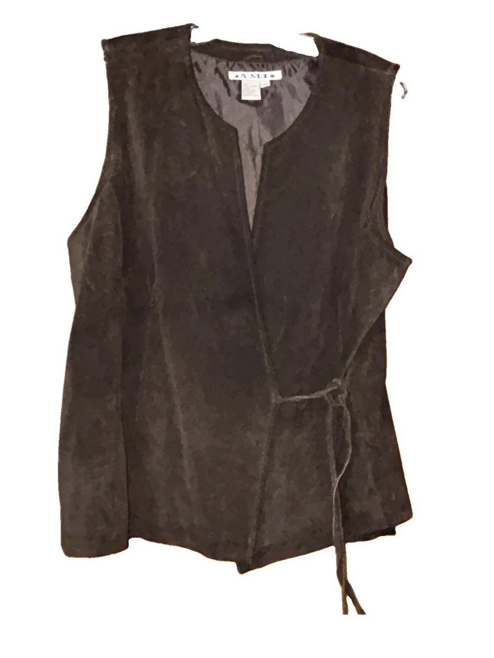 Ami Black Sleeveless Suede Wrap Vest with Side Tie Size XL